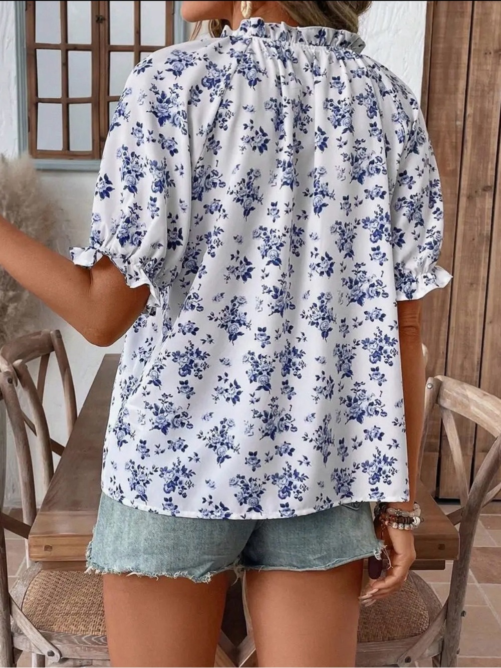 Floral Ruffle Button-Front Top in White & Blue - Picture 2 of 3